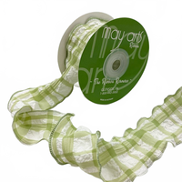 Ruffled Seersucker Tartan Plaid Green Ribbon With Woven Edge