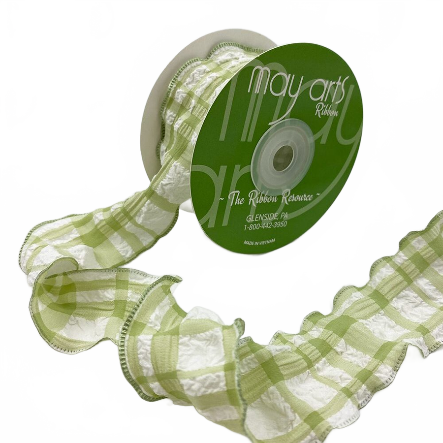 Ruffled Seersucker Tartan Plaid Green Ribbon With Woven Edge