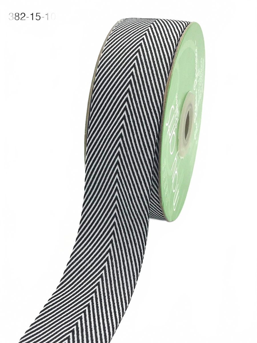 1.5 Inch Black Twill Chevron Stripe Ribbon With Woven Edge