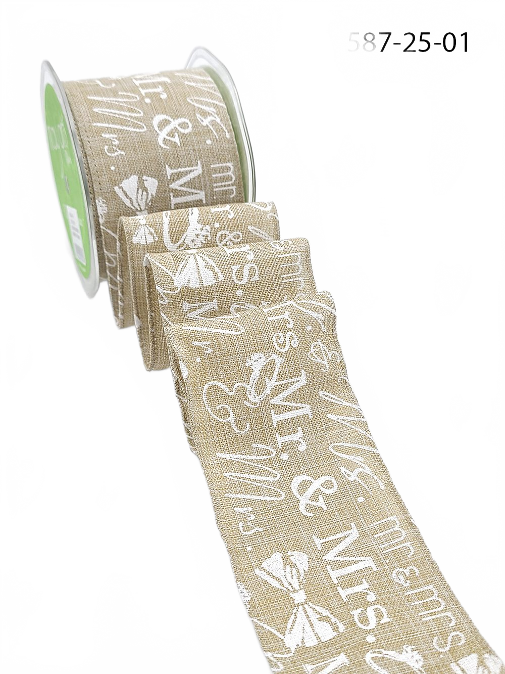 2.5 Inch Mr. & Mrs. Ring Bow Tie White Print Natural Ribbon With Wired Edge