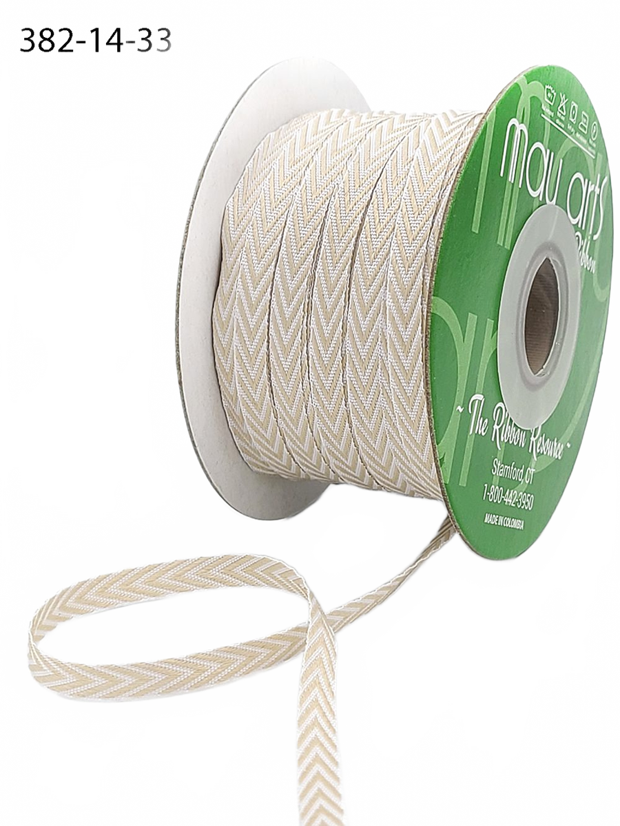 1/4 Inch Light Brown Twill Chevron Stripe Ribbon With Woven Edge