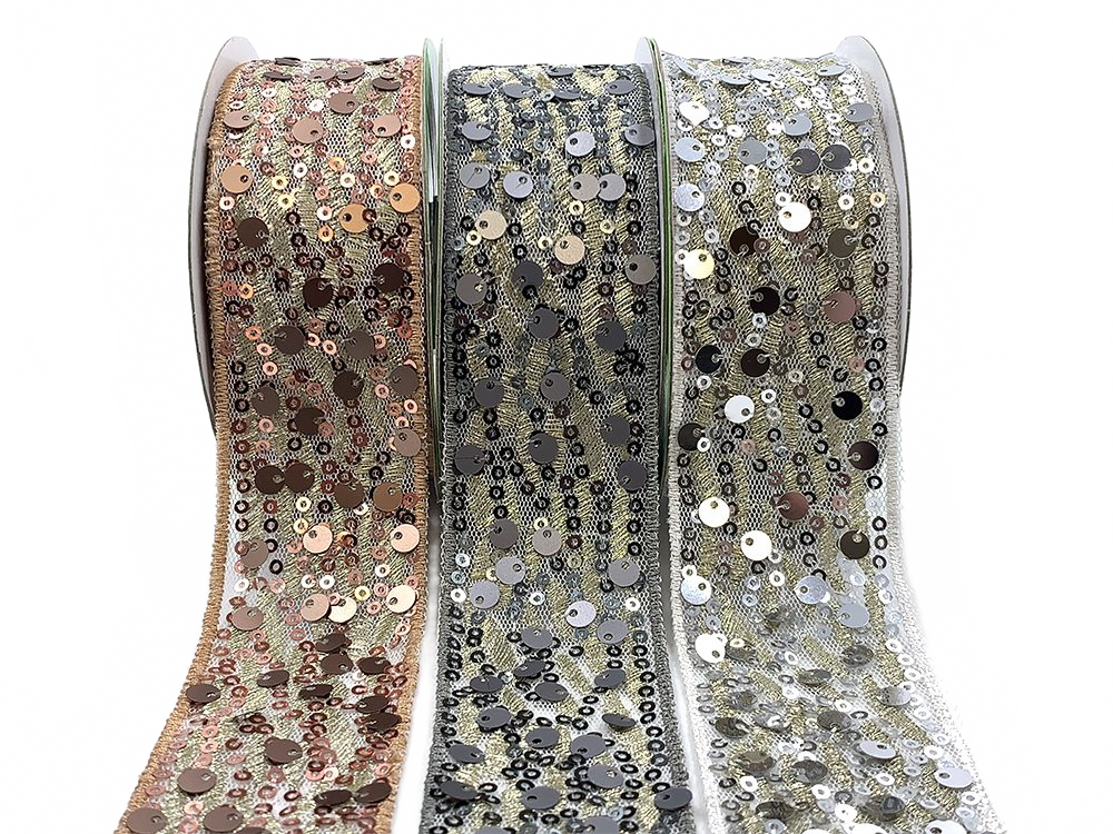 1.5 Inch Soft Woven Waved Mesh Sequin Ribbon
