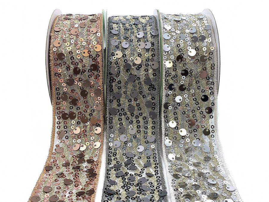 1.5 Inch Soft Woven Waved Mesh Sequin Ribbon