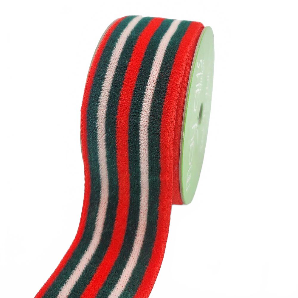 1.5 Inch Plush Holiday Stripe Woven Edge Red/Green/White Ribbon
