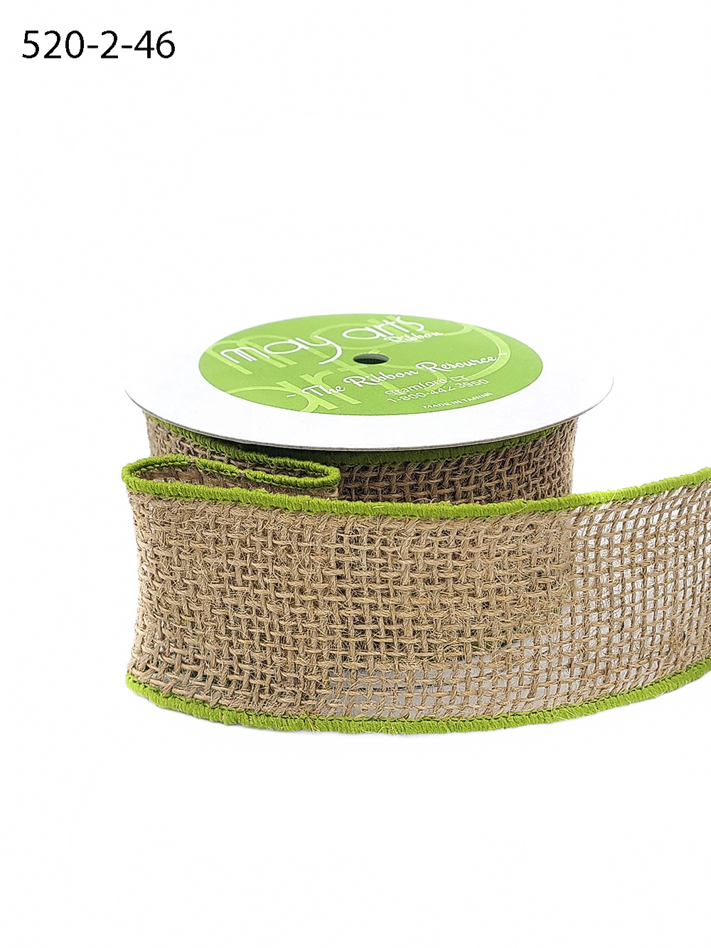 2 Inch 100% Jute Natural/Parrot Green Burlap Ribbon With Color Wired Edge