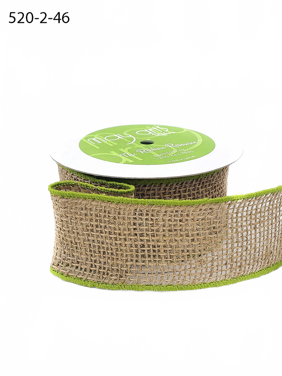 2 Inch 100% Jute Natural/Parrot Green Burlap Ribbon With Color Wired Edge