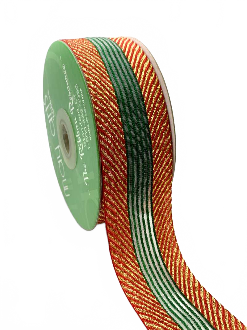 ~1.5 Inch (37Mm) Herringbone With Center Stripes Farmhouse Christmas Ribbon