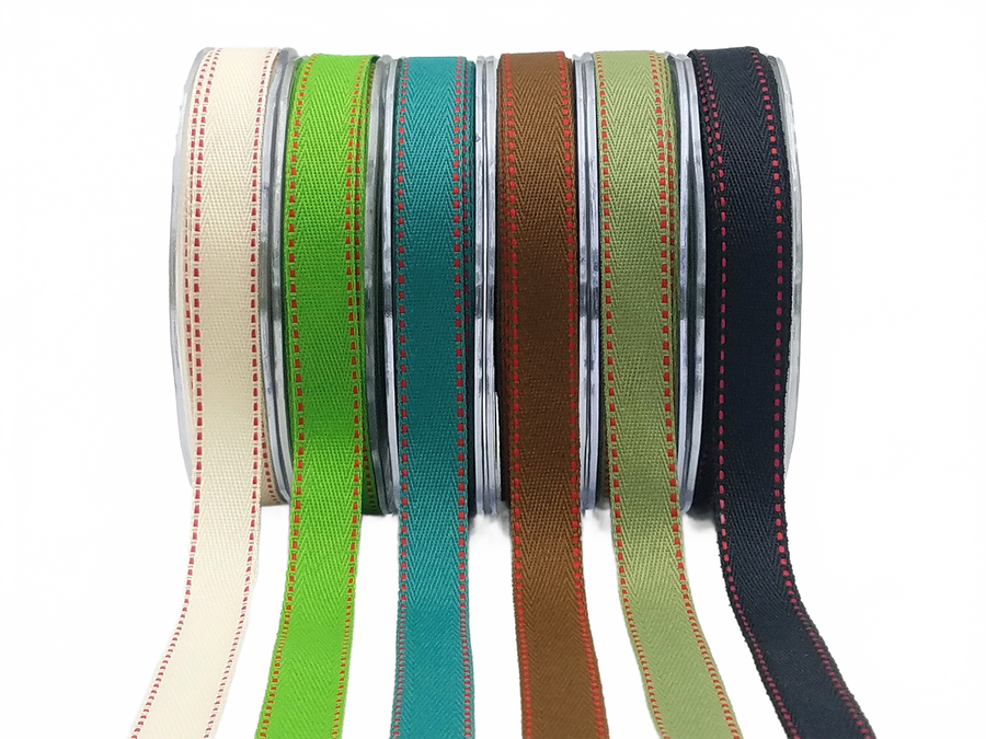 5/8 Inch Light Weight Twill Ribbon With Red Stitched Woven Edge