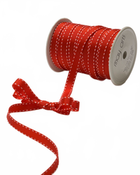 3/8 Inch Classic Red/White Stitch Grosgrain Ribbon With Woven Stitched Edge