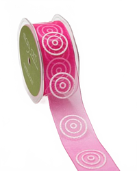 1.5 Inch Hot Pink/White Sheer With Glitter Bullseye Circles Ribbon With Woven Edge