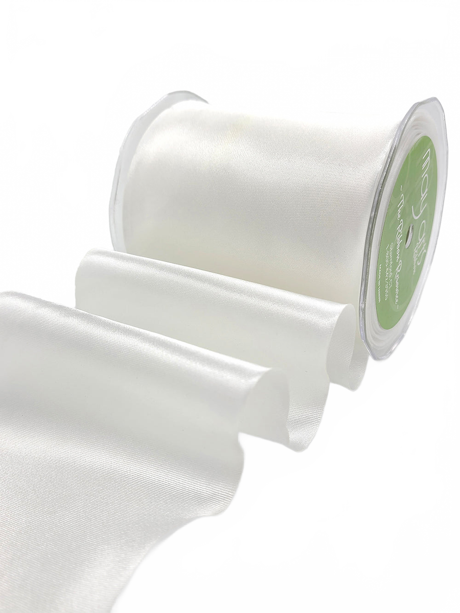 4 Inch Single Faced White Satin Cut On The Bias Ribbon With Wavy Cut Edge