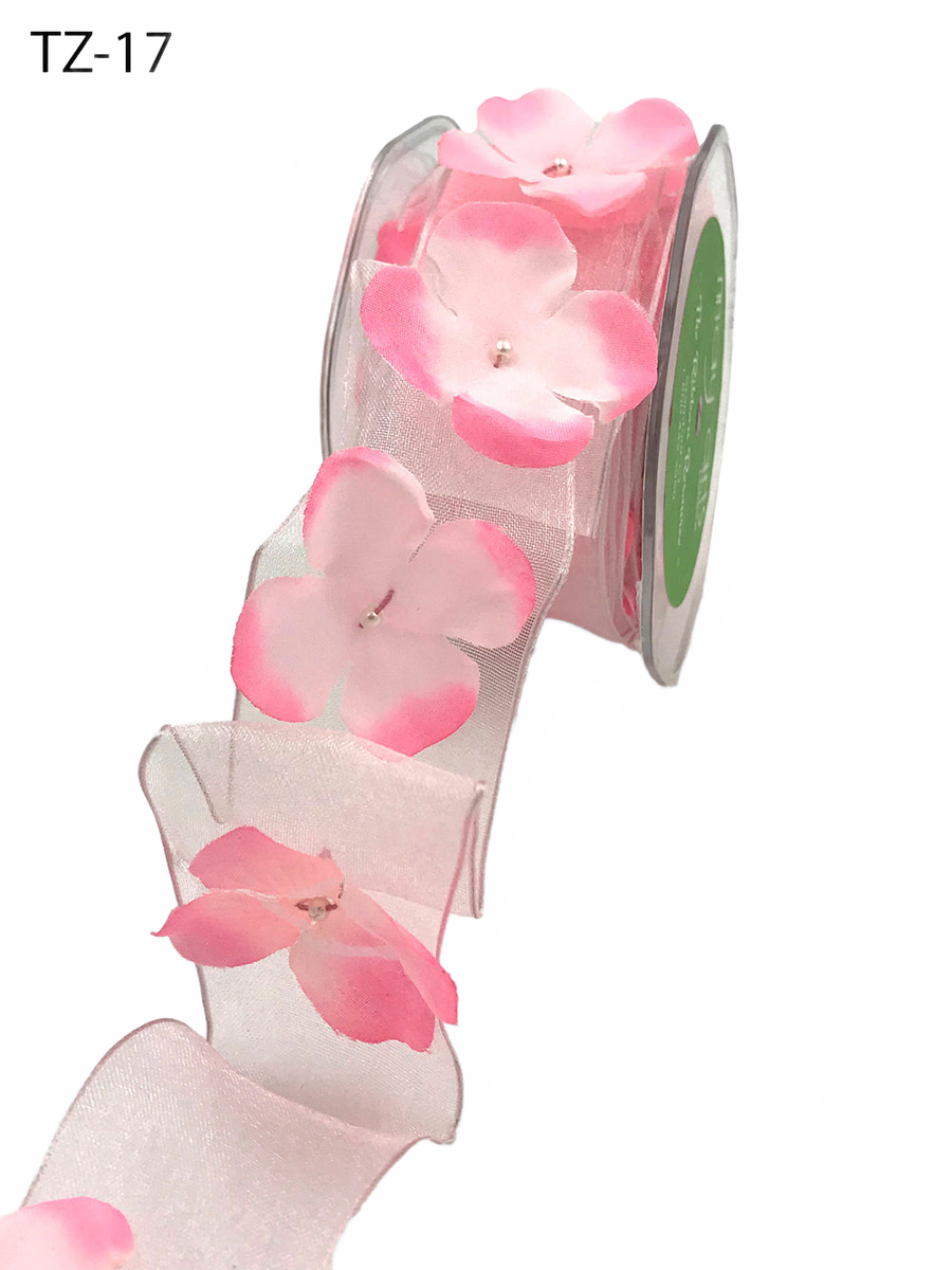 1.5 Inch Flower With Pearl Pink Ribbon Garland