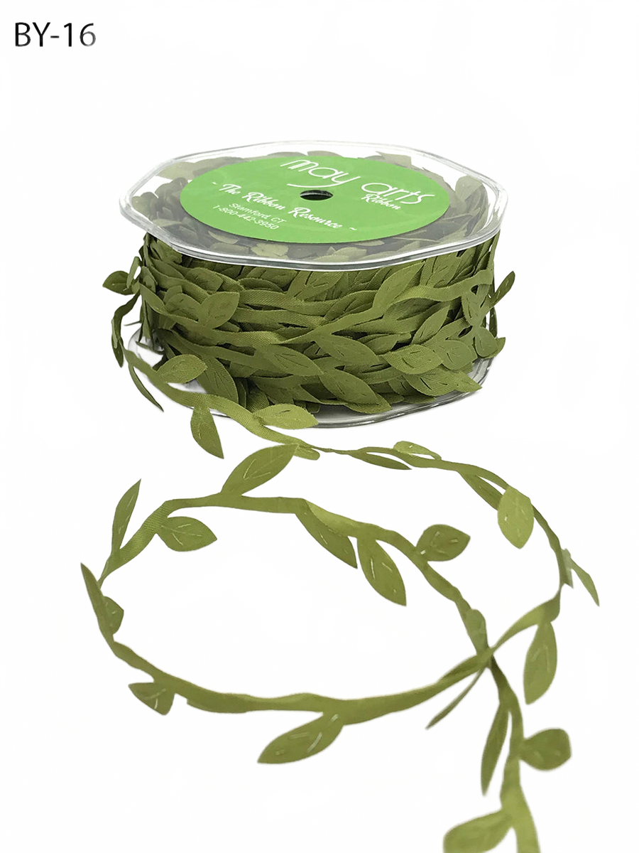 3/4 Inch Classic Leaves Olive Ribbon With Sealed Cut Edge