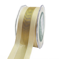 1.5 Inch Sheer Gold/Ivory Metallic Stripes Wired Ribbon