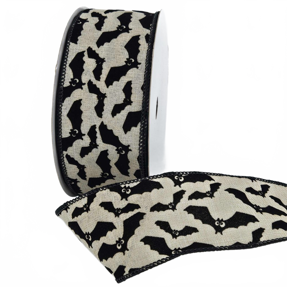 2.5″ Wired Faux Linen Flocked Bat Wired Ribbon