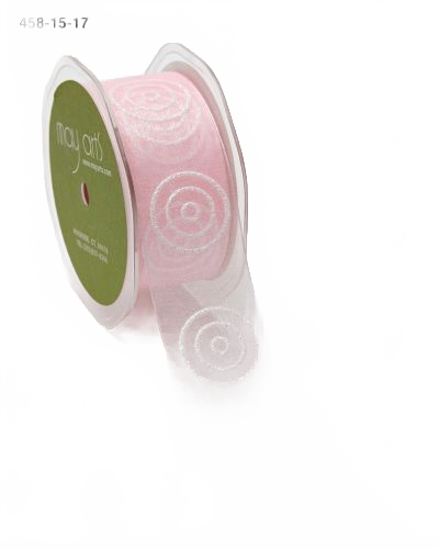 1.5 Inch Light Pink/White Sheer With Glitter Bullseye Circles Ribbon With Woven Edge