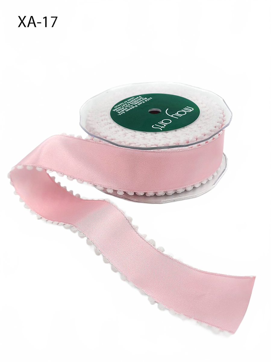 1.5 Inch Pink/White Taffeta Ribbon With Pom Pom Wired Edge