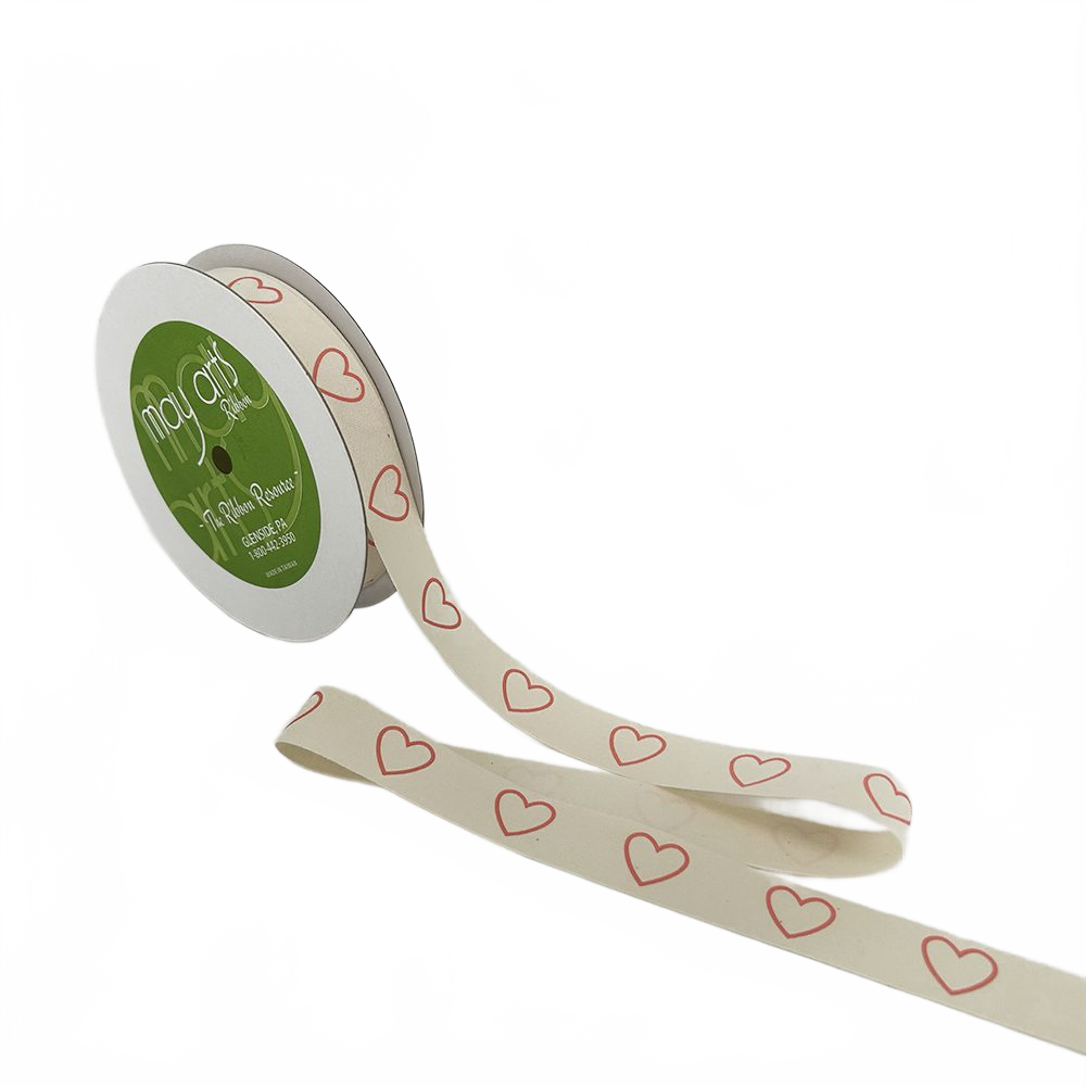 3/4 Inch Ivory Heart Outline Canvas Printed Ribbon With Woven Edge