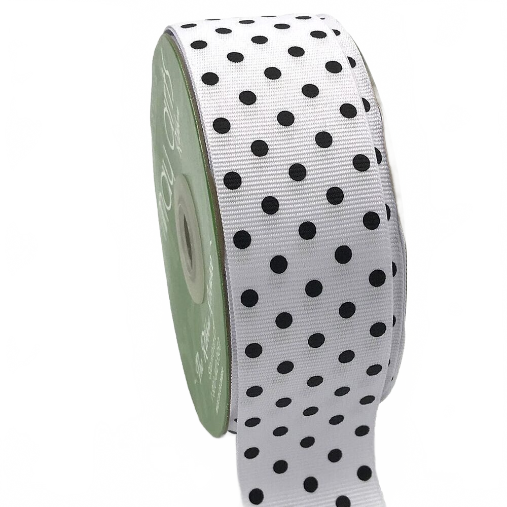 1.5 Inch White/Black Dots Grosgrain Printed Dots Ribbon With Woven Edge