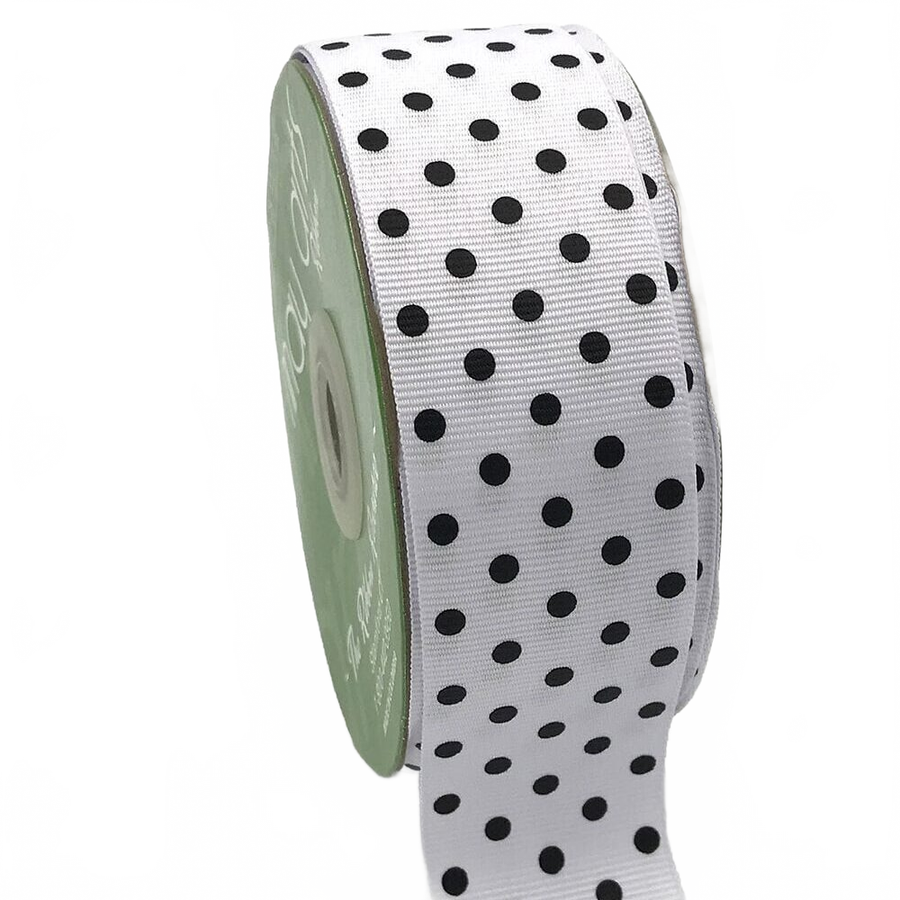 1.5 Inch White/Black Dots Grosgrain Printed Dots Ribbon With Woven Edge