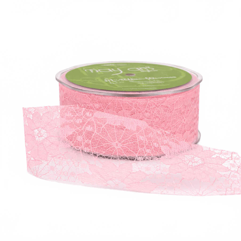 1.5 Inch Floral Lace Pattern Pink Ribbon With Cut Edge