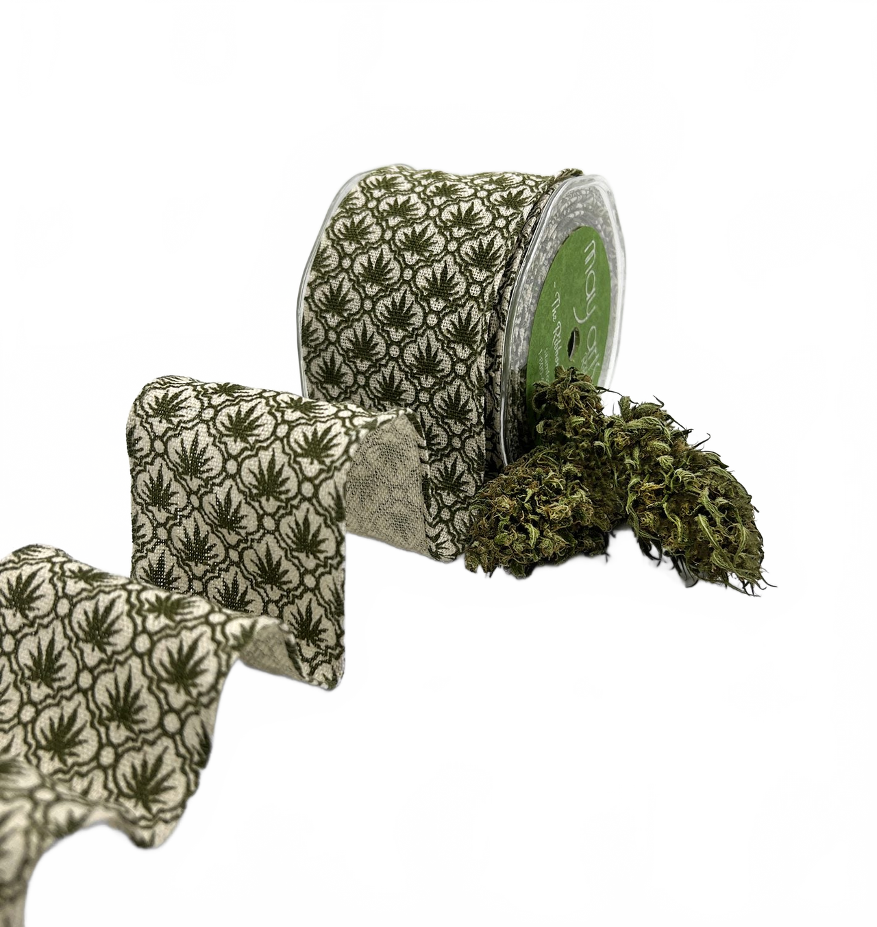 2.5″ Cotton Linen Blend Cannabis Leaf Lattice Print Ribbon With Wired Edge