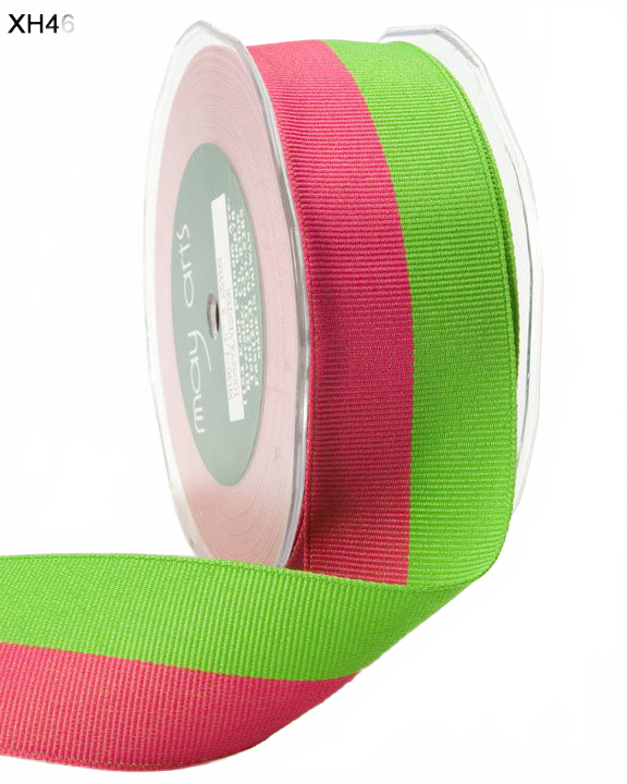 1.5 Inch Two-Band Two-Color Light Fuchsia/Green Grosgrain Ribbon With Woven Edge