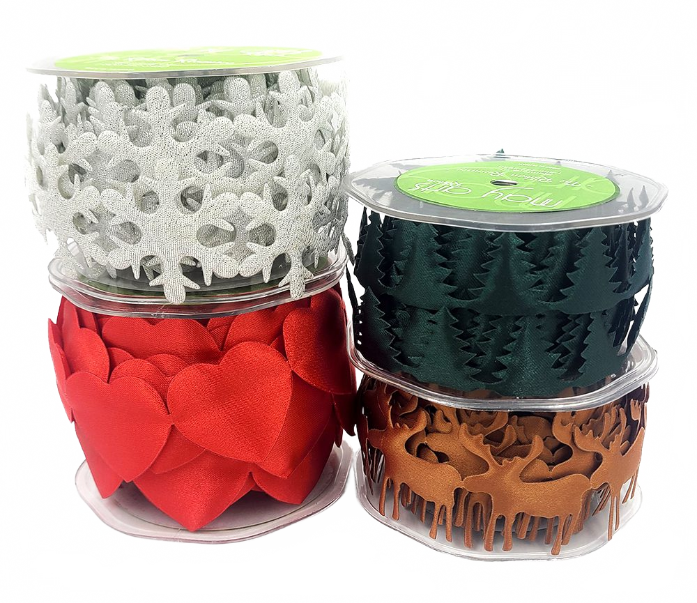1.5 Inch Puffy Holiday Hearts Satin Cut Out Banner Ribbon With Cut Sealed Edge