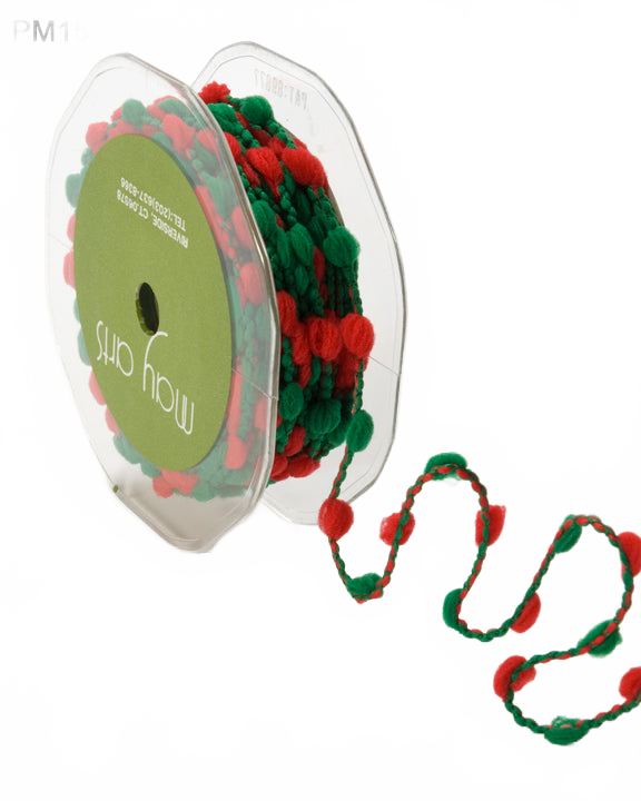3/8 Inch Medium Pom Pom Wired String Cord Red/Green Ribbon
