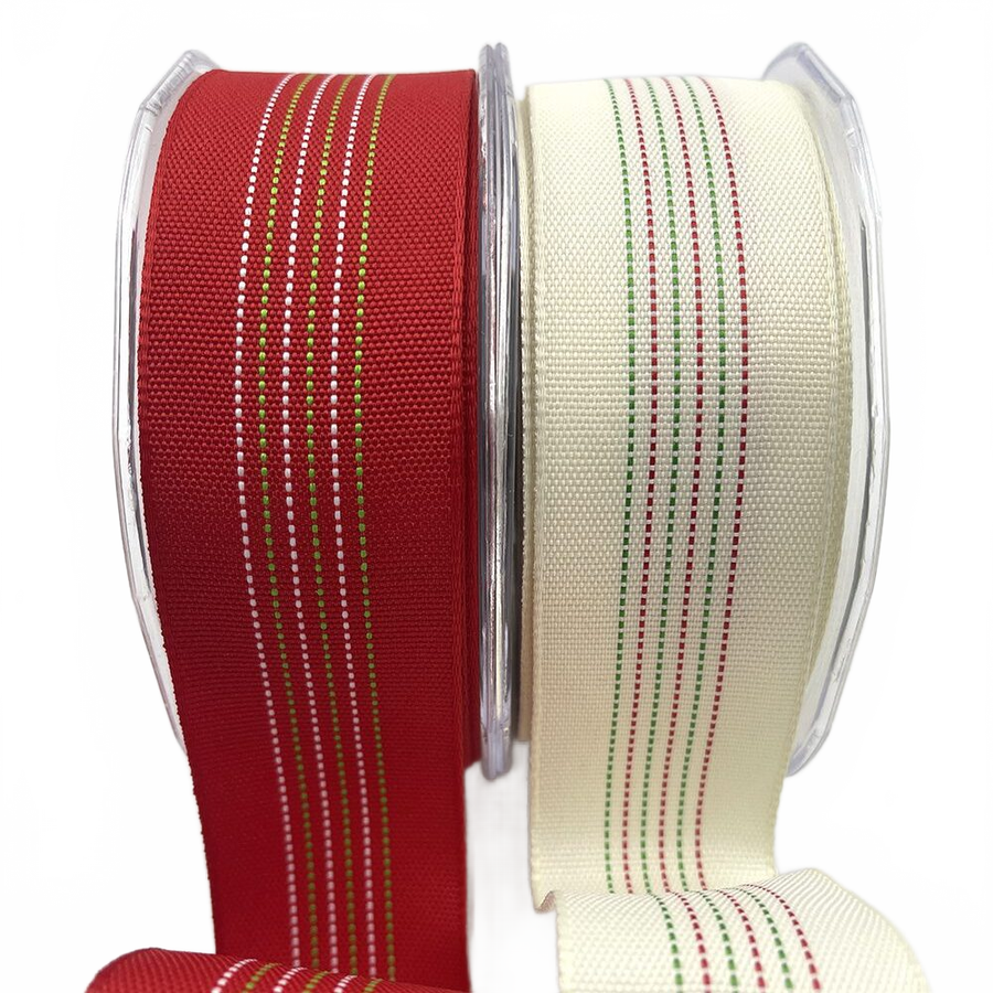 1.5 Inch Woven Center Stitched Striped Christmas Ribbon