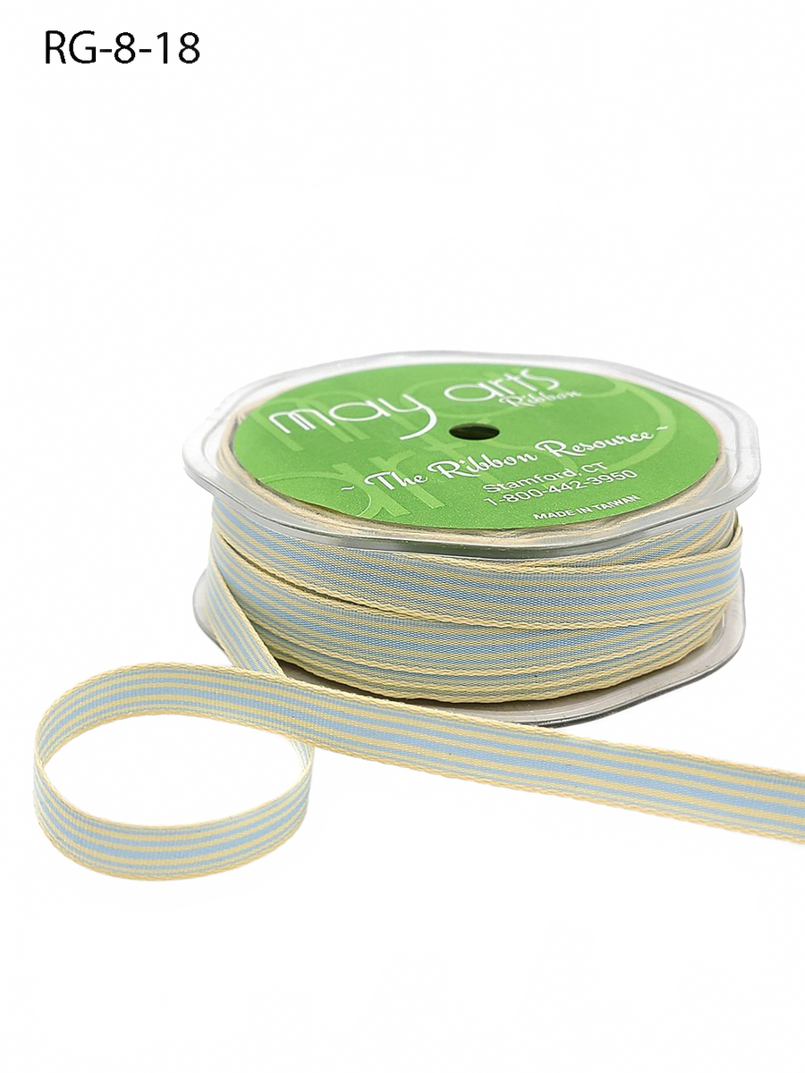 3/8 Inch Woven Light Blue/Oatmeal Stripes Grosgrain Stripe Ribbon With Woven Edge