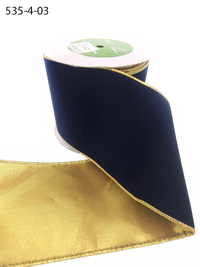 4 Inch Navy Velvet Gold Back Ribbon With Wired Edge