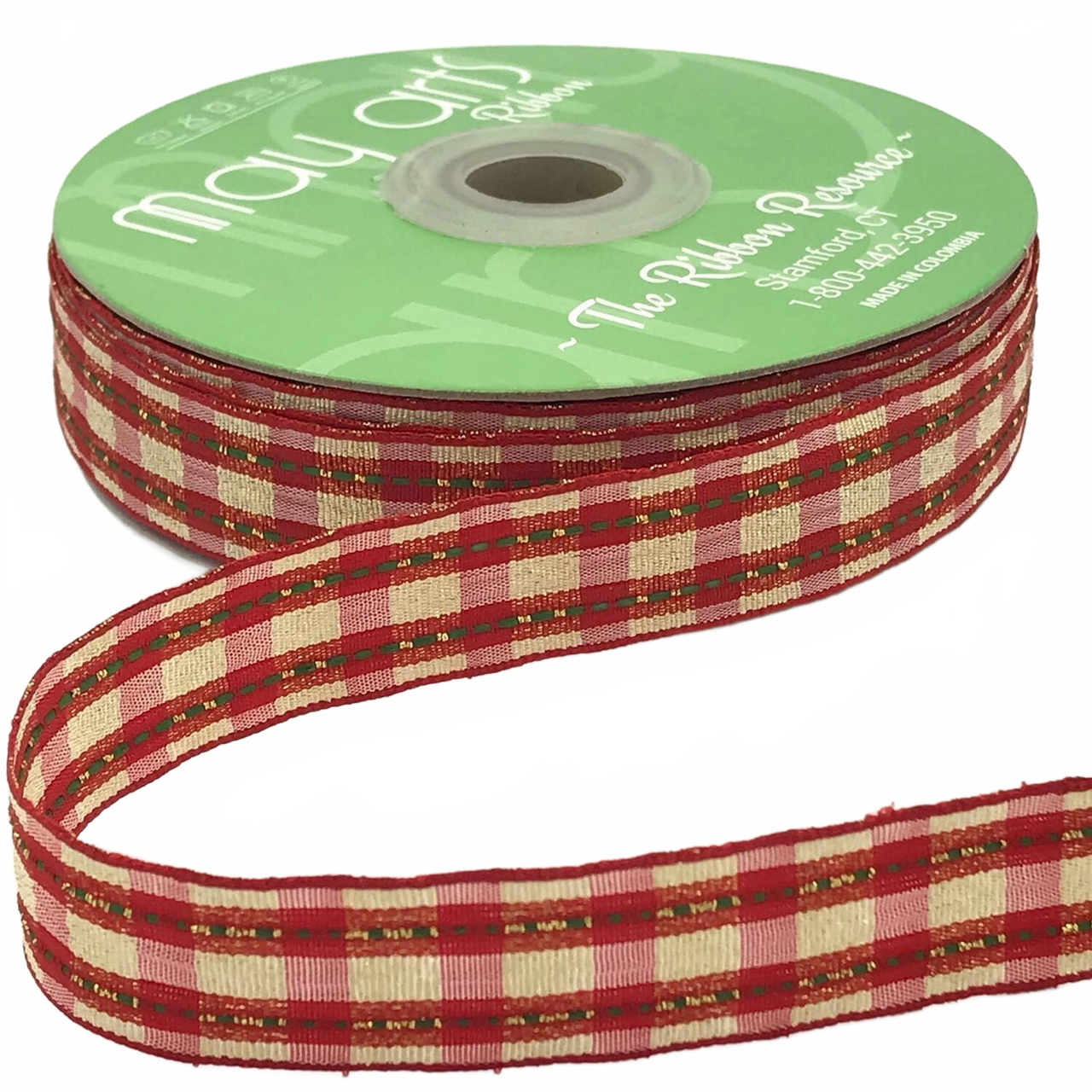 3/4 Inch Woven Metallic Red & Gold Plaid Ribbon With Woven Edge