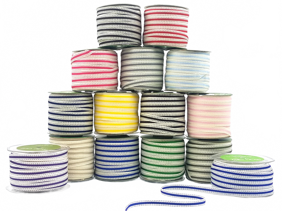 3/8 Inch Solid Color Band Ivory/Violet Ribbon With Natural Woven Stitched Edge