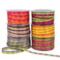 1/2 Inch Multi-Color Checkered Parrot Green/Fuchsia/Yellow Ribbon With Woven Stitched Edge
