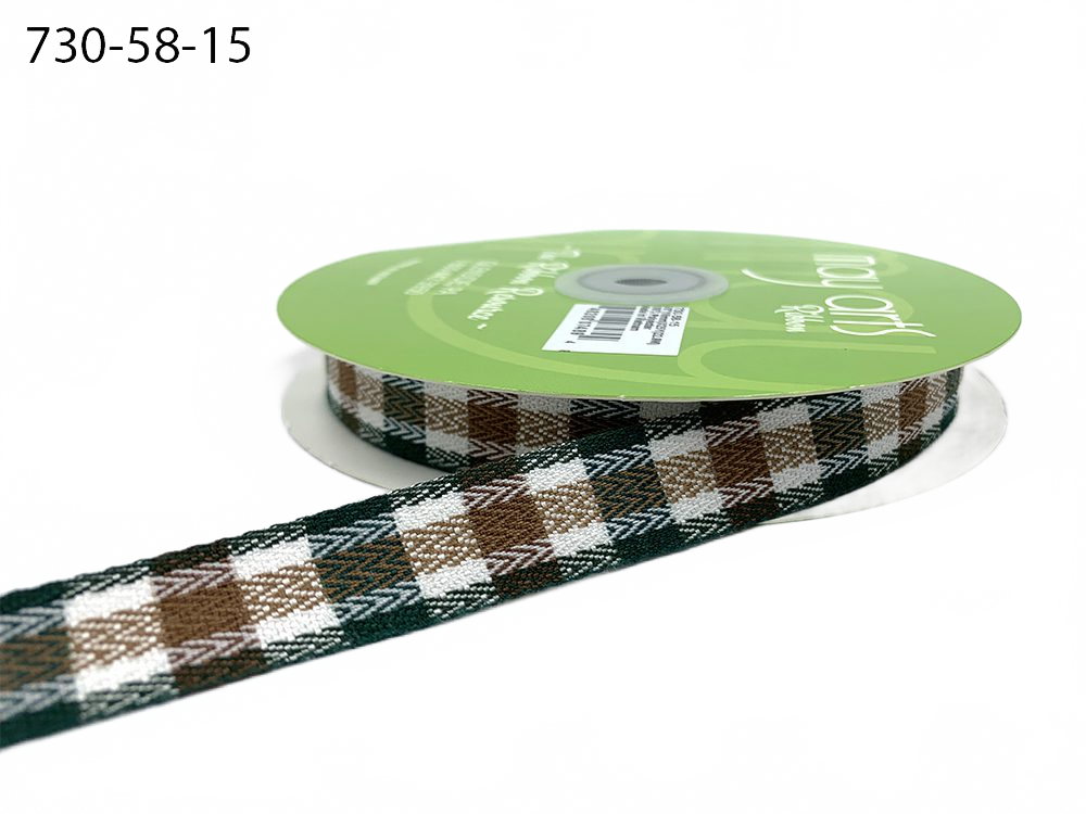 ~5/8 Inch Woven Tartan Plaid Green/Brown/White Tartan Twill Ribbon