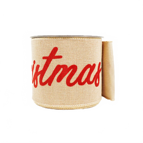 Ribbon Linen Merry Christmas 4" Red And Natural