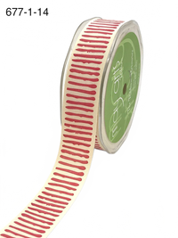 1 Inch Natural/Red Cotton Paint Stripe Print Ribbon With Woven Edge