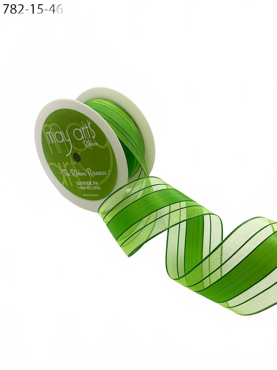 1.5″ Woven Green Sheer Ribbon With Tone On Tone Stripes