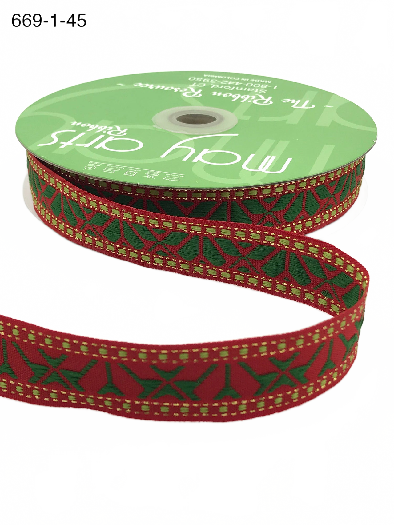 1 Inch Holiday Embroidered Geo Print Red Ribbon With Woven Edge