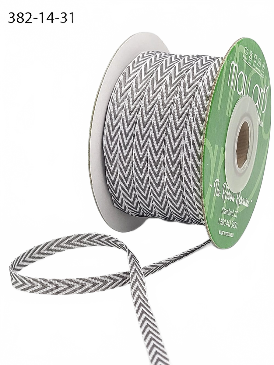 1/4 Inch Gray Twill Chevron Stripe Ribbon With Woven Edge