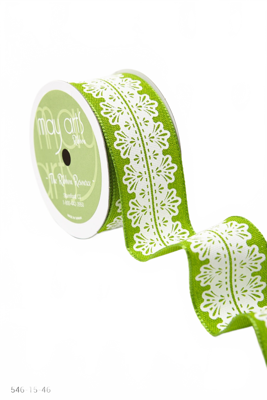 1.5 Inch White Lace Print Parrot Green/White Ribbon With Wired Edge
