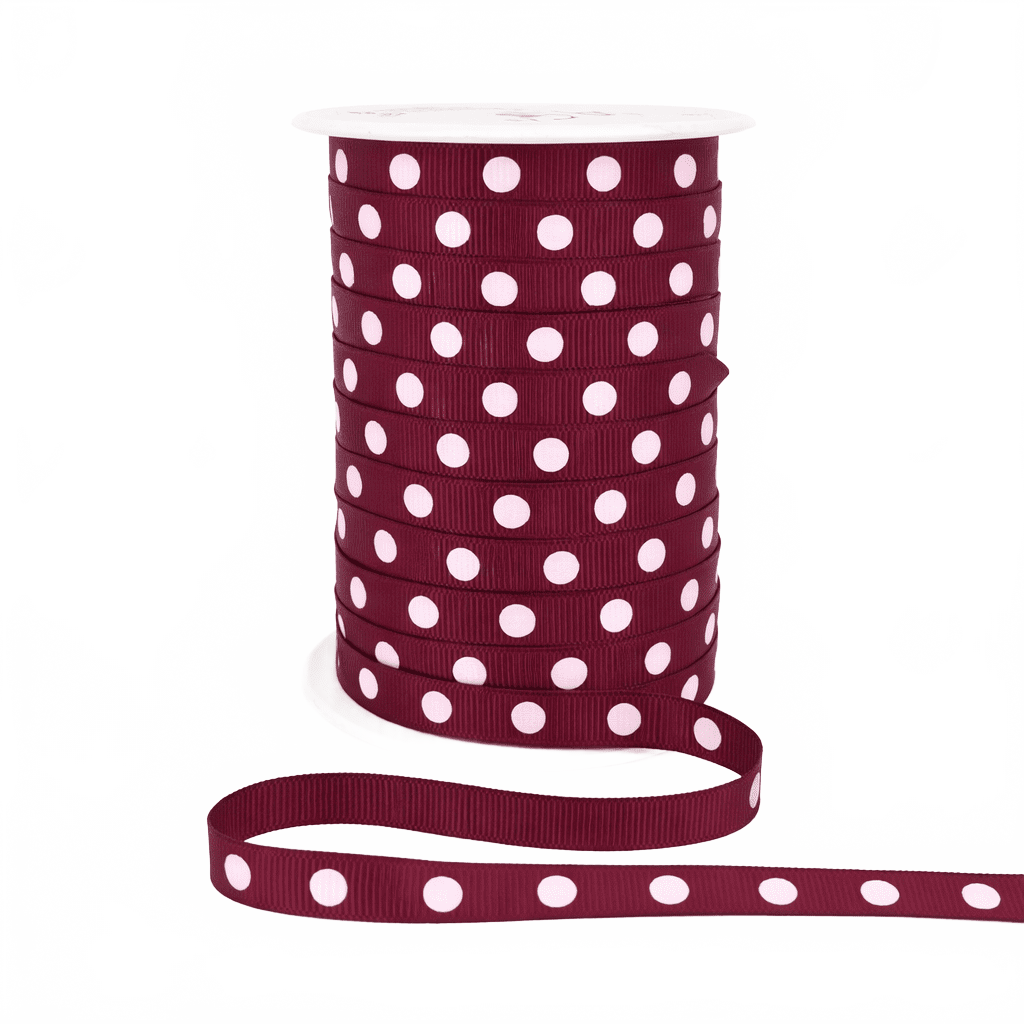 3/8 Inch Marsala Grosgrain White Center Dot Ribbon With Woven Edge