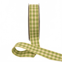 7/8 Inch Woven Antique Ivory Checkered Light Green Ribbon With Woven Edge