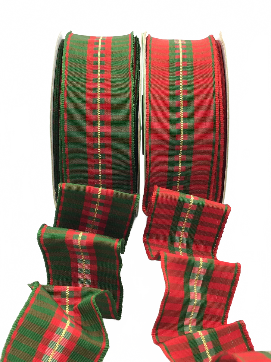 ~ 1.5″ Modern Red & Green Holiday Check Wired Ribbon