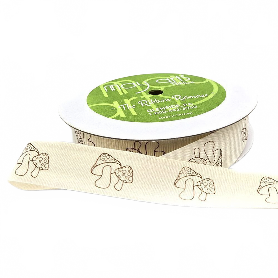 3/4 Inch Ivory Mushrooms Canvas Printed Ribbon With Woven Edge