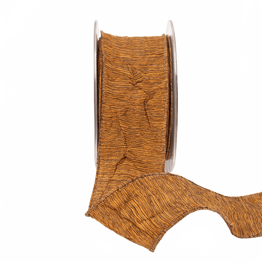 2 Inch Two Tone Crinkle Crushed Gold Brown Ribbon With Wired Edge