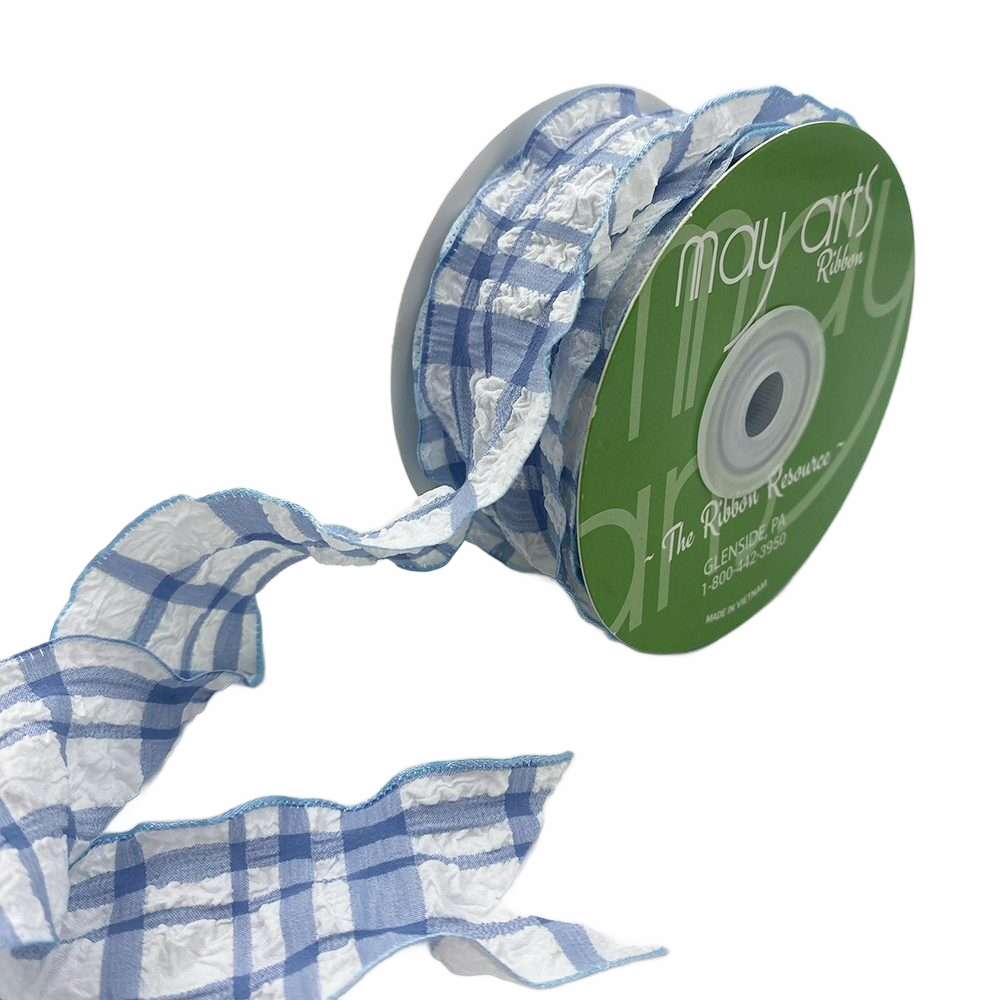 Ruffled Seersucker Tartan Plaid Blue Ribbon With Woven Edge