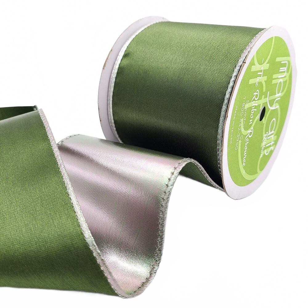 3 Inch Satin Green/Silver Metallic Reversible Ribbon With Wired Woven Edge