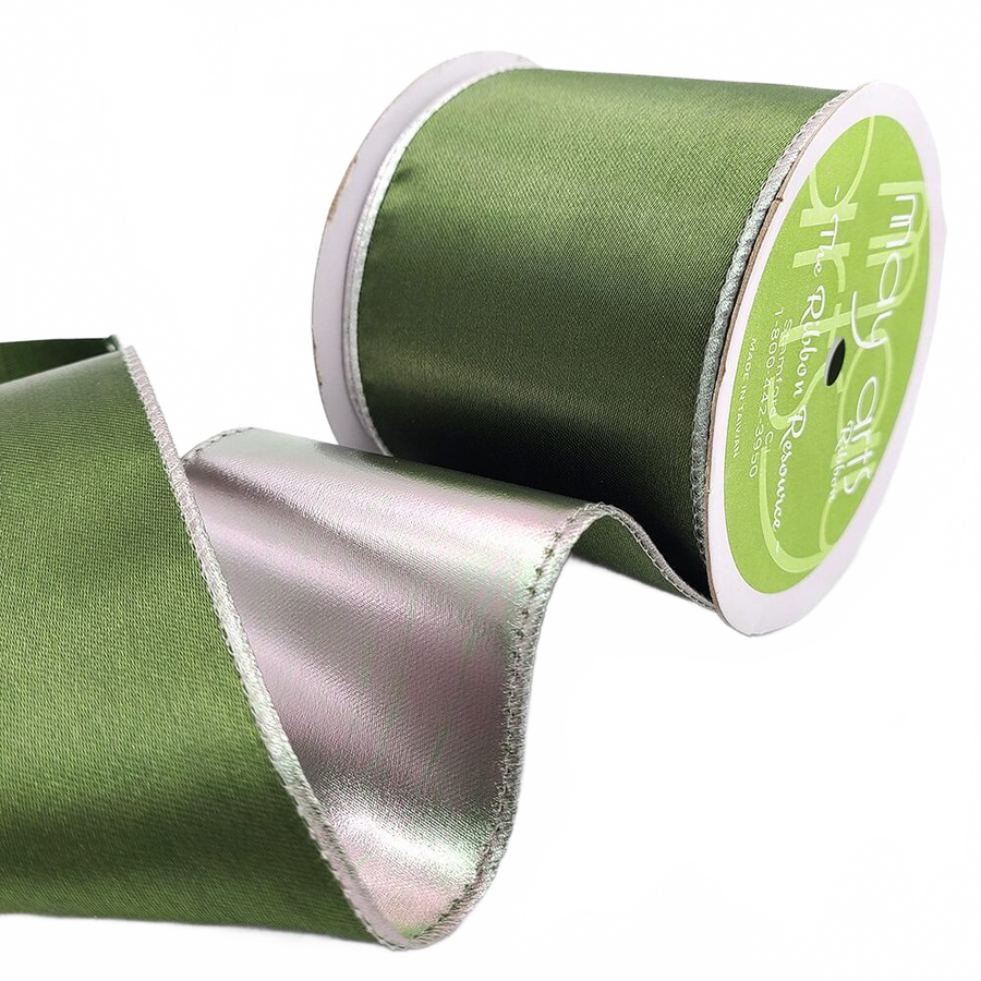 3 Inch Satin Green/Silver Metallic Reversible Ribbon With Wired Woven Edge